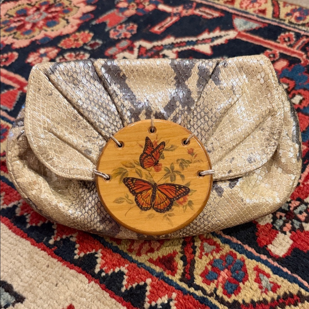 Snake Print Silver Metallic Clutch with Butterfly Design